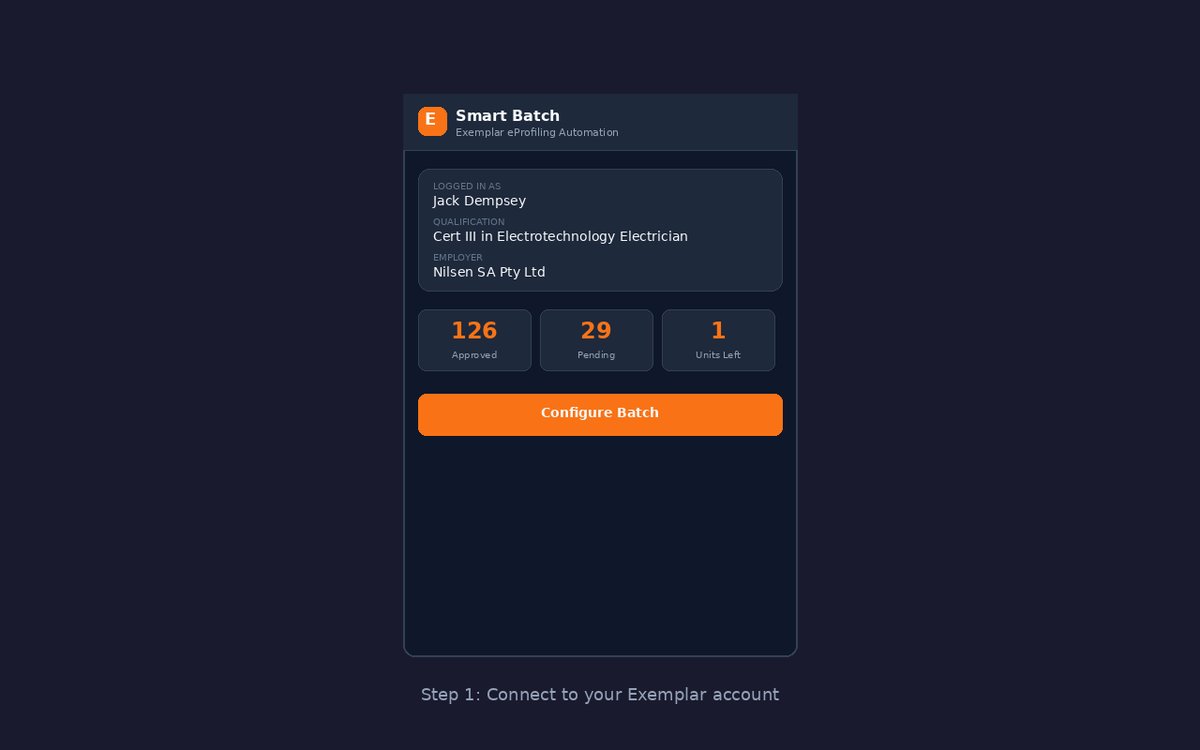 Step 1: Connect to your Exemplar account, showing user info and card stats
