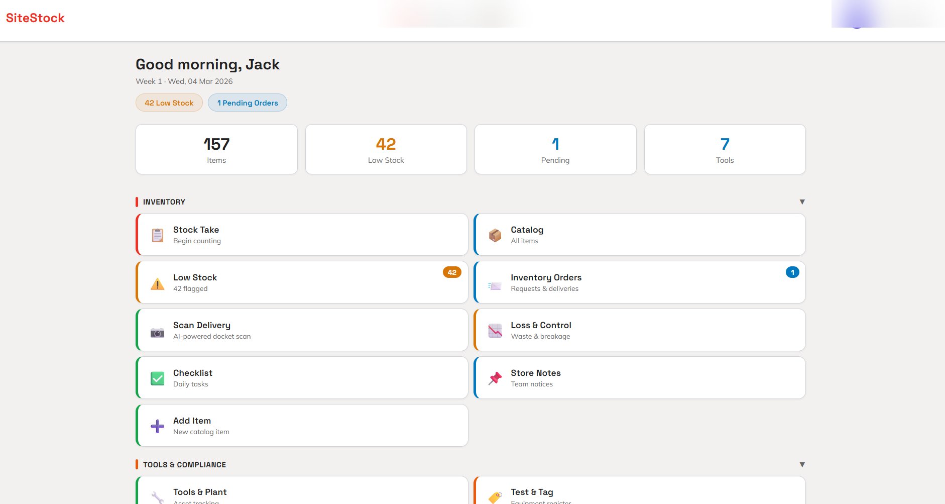SiteStock dashboard showing live stats, weather, and site overview