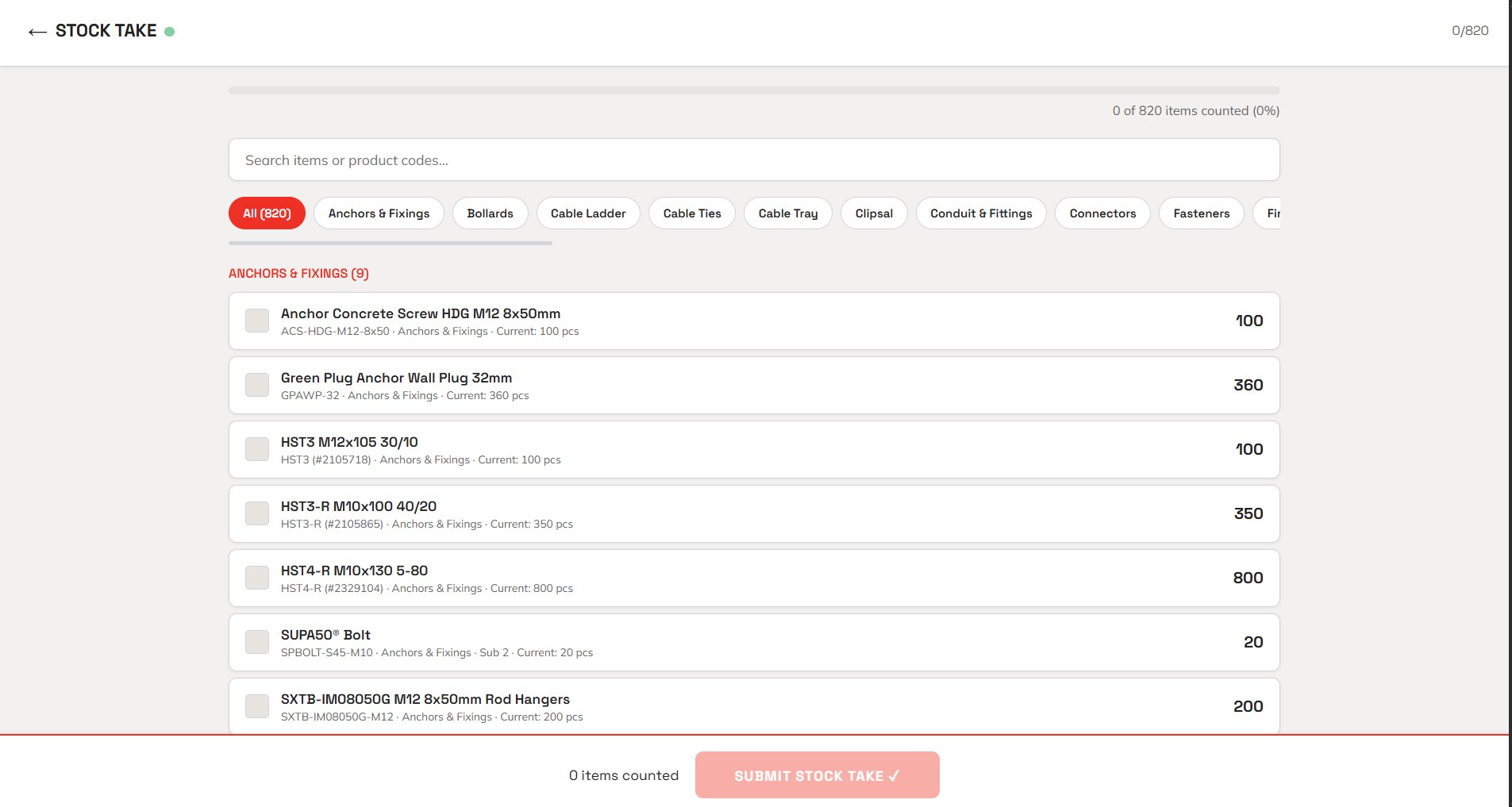 Stock take interface showing item counts and categories