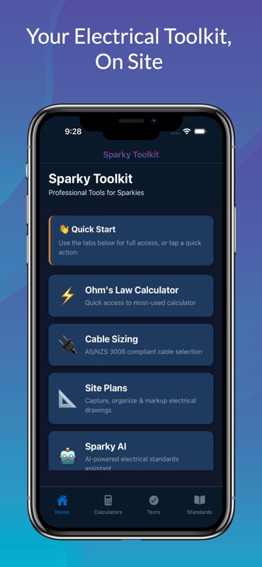 SparkyToolkit home screen showing quick start, calculators, site plans, and Sparky AI